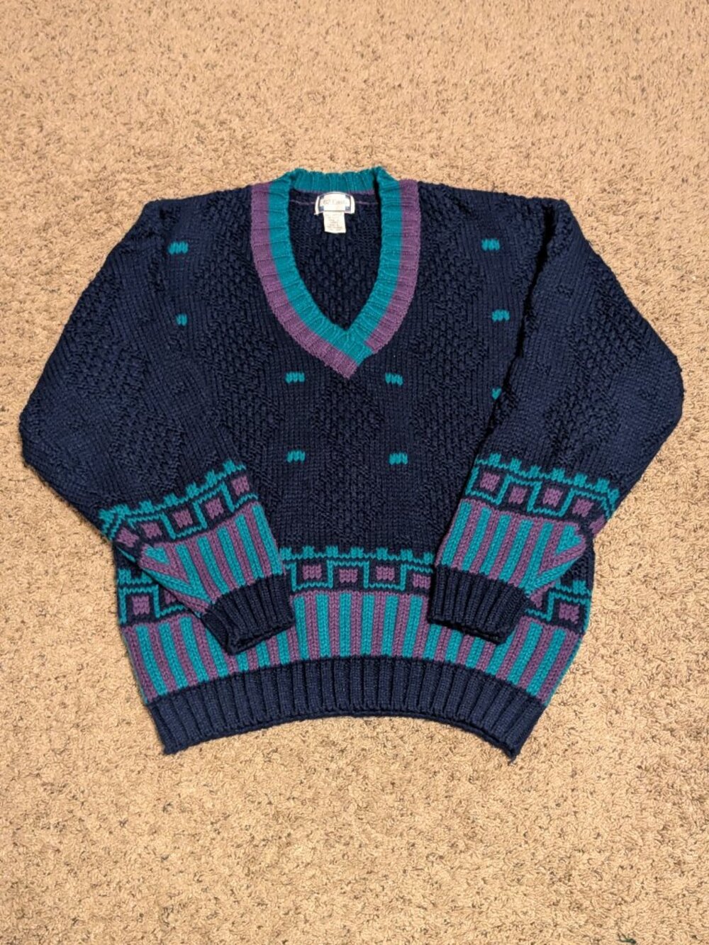 62 East 90s Vintage Womens Sweater Blue and Purple Geometric V-Neck Large